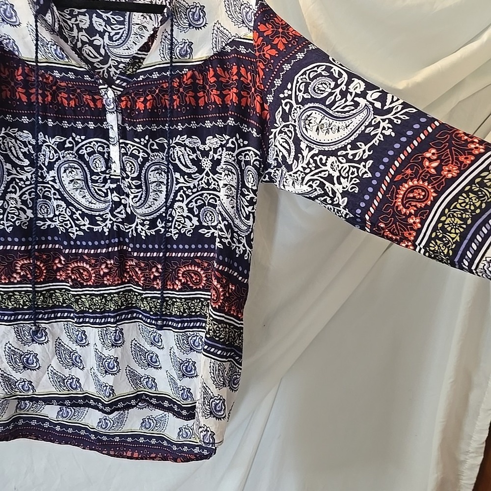 Roper Women's Long Sleeve V-neck 1/2 Button-Up Tassel Paisley Boho Peasant Top L - Picture 8 of 16